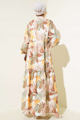 Bilek Gipeli Yaprak Desenli Elbise Kahve - Tesettür Elbise