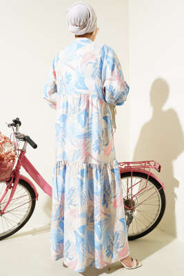 Bilek Gipeli Yaprak Desenli Elbise Mavi - Tesettür Elbise