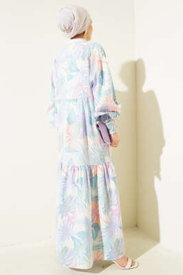 Bilek Gipeli Yaprak Desenli Elbise Mint - Tesettür Elbise