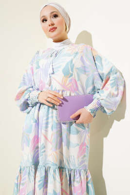 Bilek Gipeli Yaprak Desenli Elbise Mint - Tesettür Elbise