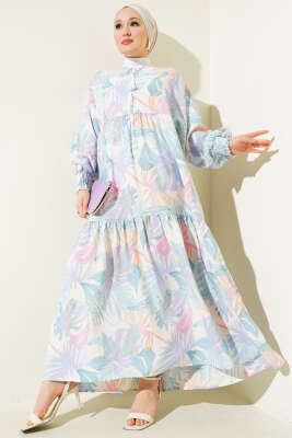 Bilek Gipeli Yaprak Desenli Elbise Mint