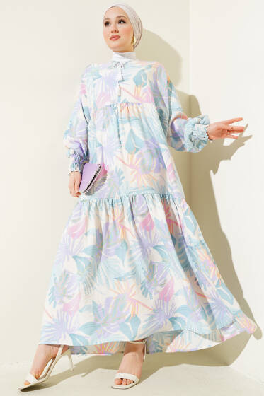 Bilek Gipeli Yaprak Desenli Elbise Mint - Tesettür Elbise