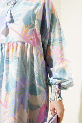 Bilek Gipeli Yaprak Desenli Elbise Mint - Tesettür Elbise