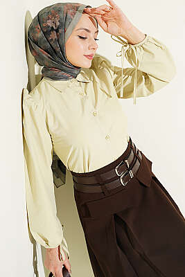 Bilek İpli Balon Kol Kısa Gömlek Adaçayı 