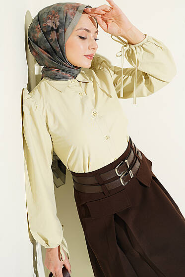 Bilek İpli Balon Kol Kısa Gömlek Adaçayı - Gömlek