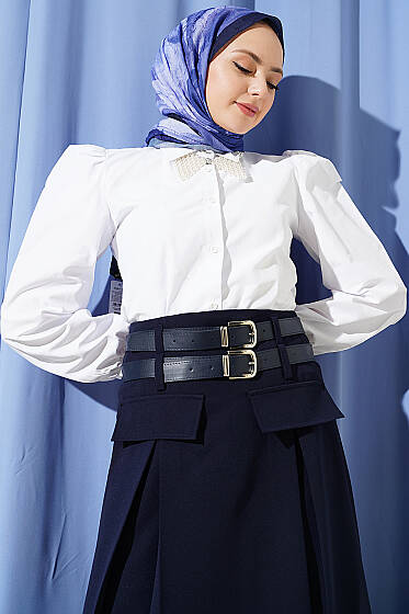 Bilek İpli Balon Kol Kısa Gömlek Beyaz - Gömlek