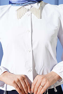 Bilek İpli Balon Kol Kısa Gömlek Beyaz - Gömlek