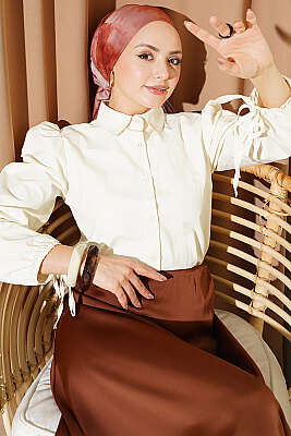 Bilek İpli Balon Kol Kısa Gömlek Ekru 