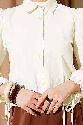 Bilek İpli Balon Kol Kısa Gömlek Ekru - Gömlek