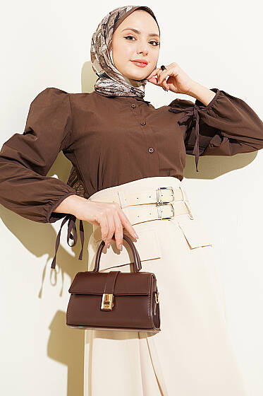 Bilek İpli Balon Kol Kısa Gömlek Kahve - Gömlek