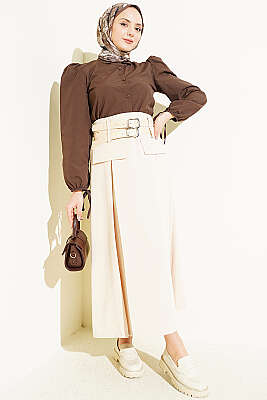 Bilek İpli Balon Kol Kısa Gömlek Kahve - Gömlek