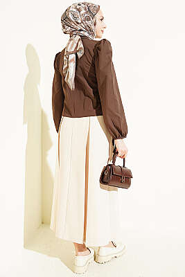 Bilek İpli Balon Kol Kısa Gömlek Kahve - Gömlek