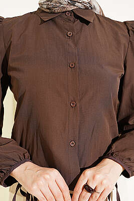 Bilek İpli Balon Kol Kısa Gömlek Kahve - Gömlek