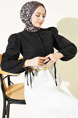 Bilek İpli Balon Kol Kısa Gömlek Siyah - SAS