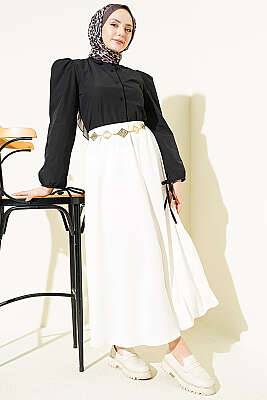 Bilek İpli Balon Kol Kısa Gömlek Siyah - Gömlek