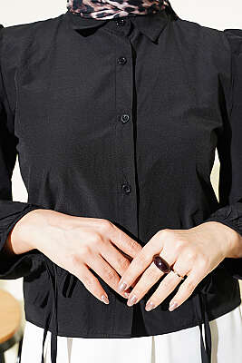 Bilek İpli Balon Kol Kısa Gömlek Siyah - Gömlek