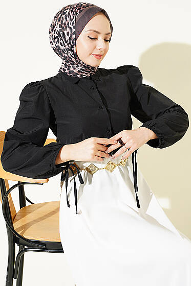 Bilek İpli Balon Kol Kısa Gömlek Siyah - Yılın Fırsatı