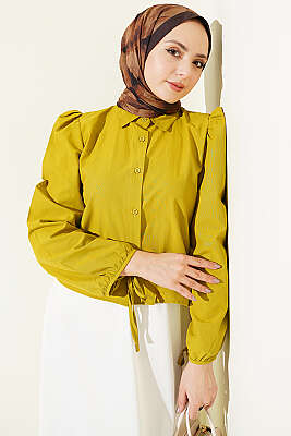 Bilek İpli Balon Kol Kısa Gömlek Yağ Yeşili - SAS