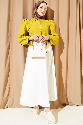 Bilek İpli Balon Kol Kısa Gömlek Yağ Yeşili - Gömlek