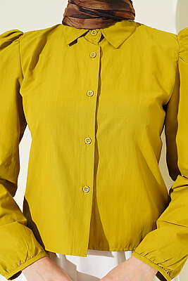 Bilek İpli Balon Kol Kısa Gömlek Yağ Yeşili - Gömlek