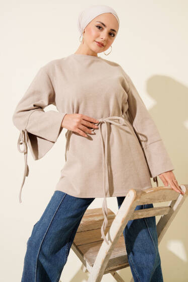 Bilek İpli Fitilli Kaşe Tunik Bej - Tunik