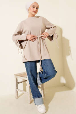 Bilek İpli Fitilli Kaşe Tunik Bej - Tunik