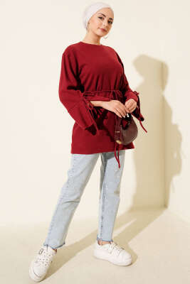 Bilek İpli Fitilli Kaşe Tunik Bordo - Tunik