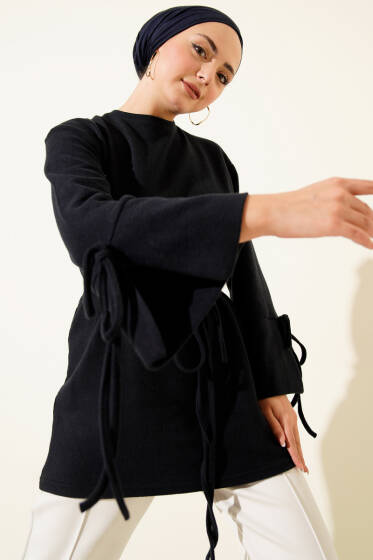 Bilek İpli Fitilli Kaşe Tunik Lacivert - Tunik