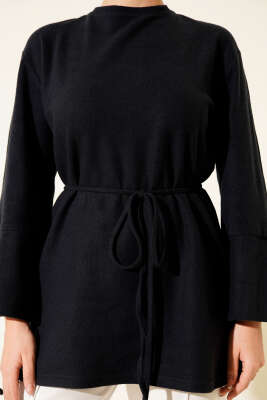 Bilek İpli Fitilli Kaşe Tunik Lacivert - Tunik