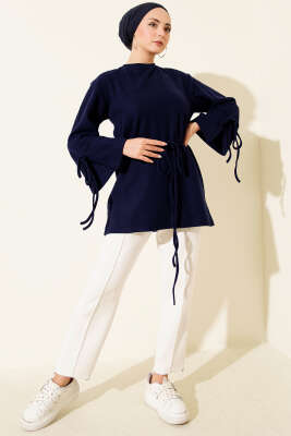 Bilek İpli Fitilli Kaşe Tunik Lacivert - Yılın Fırsatı