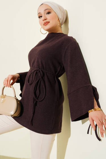 Bilek İpli Fitilli Kaşe Tunik Mürdüm - Tunik