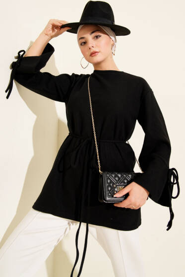 Bilek İpli Fitilli Kaşe Tunik Siyah - Tunik
