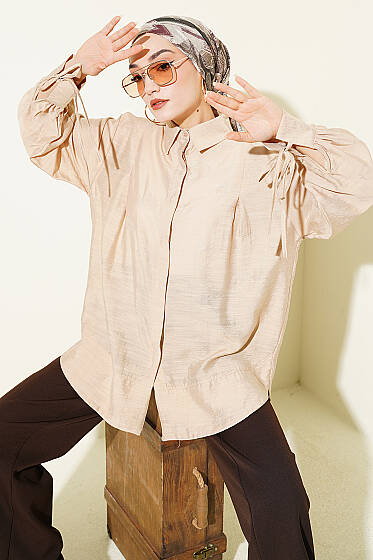 Bilek İpli Pile Detaylı Oversize Gömlek Bej - Gömlek