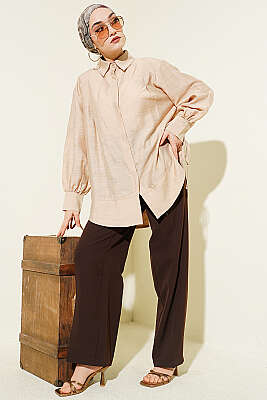 Bilek İpli Pile Detaylı Oversize Gömlek Bej - Gömlek