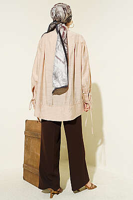 Bilek İpli Pile Detaylı Oversize Gömlek Bej - Gömlek