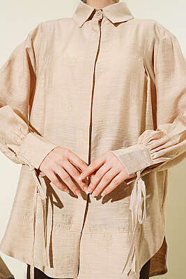 Bilek İpli Pile Detaylı Oversize Gömlek Bej - Gömlek