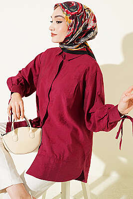 Bilek İpli Pile Detaylı Oversize Gömlek Bordo 