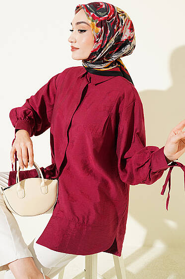 Bilek İpli Pile Detaylı Oversize Gömlek Bordo - Gömlek