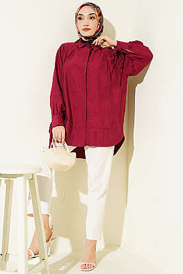 Bilek İpli Pile Detaylı Oversize Gömlek Bordo - Gömlek