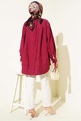 Bilek İpli Pile Detaylı Oversize Gömlek Bordo - Gömlek