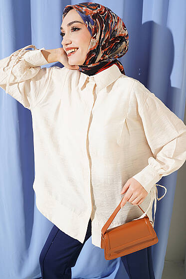 Bilek İpli Pile Detaylı Oversize Gömlek Ekru - Gömlek