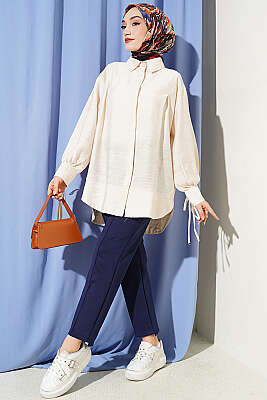 Bilek İpli Pile Detaylı Oversize Gömlek Ekru - Gömlek