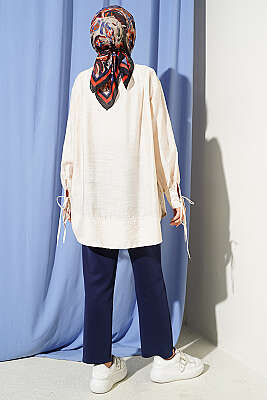 Bilek İpli Pile Detaylı Oversize Gömlek Ekru - Gömlek