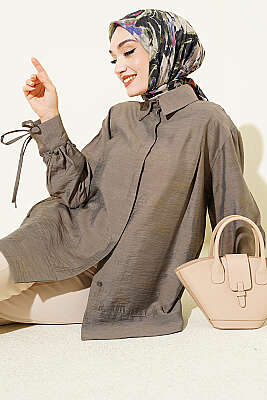 Bilek İpli Pile Detaylı Oversize Gömlek Haki - FİXAY