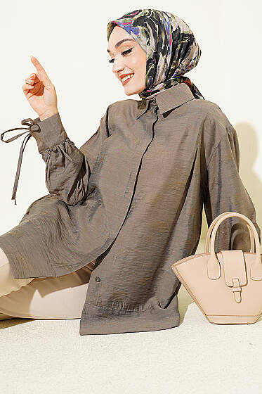 Bilek İpli Pile Detaylı Oversize Gömlek Haki - Gömlek