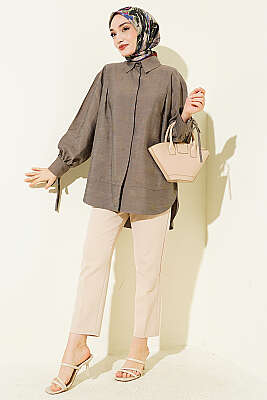 Bilek İpli Pile Detaylı Oversize Gömlek Haki - Gömlek