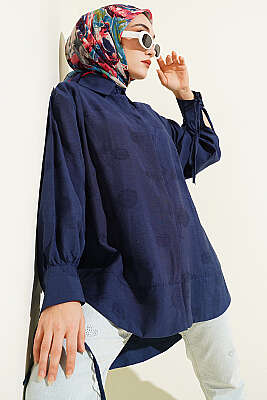 Bilek İpli Pile Detaylı Oversize Gömlek Lacivert 