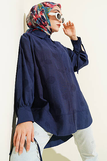 Bilek İpli Pile Detaylı Oversize Gömlek Lacivert - Gömlek