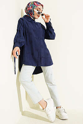 Bilek İpli Pile Detaylı Oversize Gömlek Lacivert - Gömlek