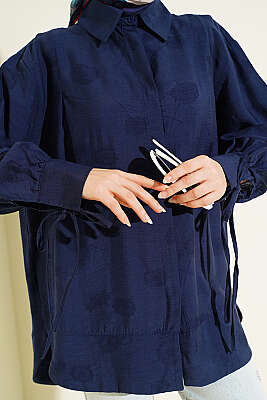 Bilek İpli Pile Detaylı Oversize Gömlek Lacivert - Gömlek